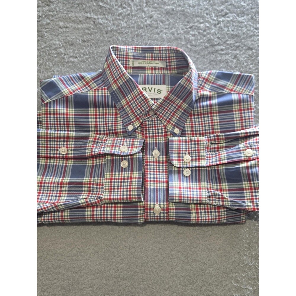 Orvis Shirt Mens Large Blue Red Plaid Button Down Long Sleeve Cotton Casual